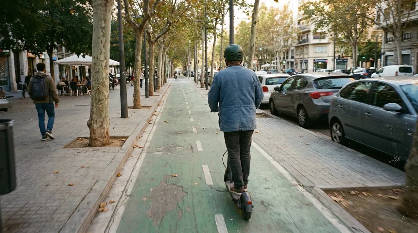 Una persona con casco y chaqueta vaquera circula en patinete por un carril bici verde, entre plátanos de sombra y coches aparcados.