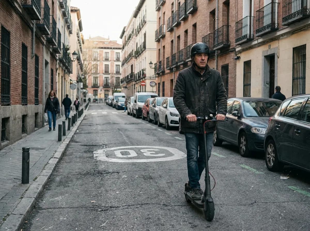 Un hombre con casco y chaqueta circula en un patinete eléctrico sin marca por la calzada de una calle de Madrid limitada a 30, junto a los coches aparcados.