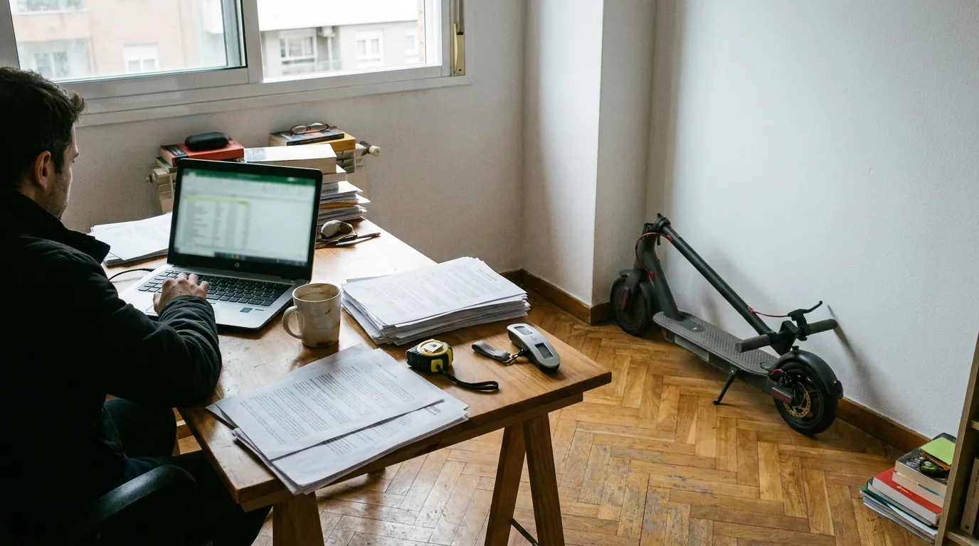 Mesa de trabajo con fichas técnicas impresas, una cinta métrica, una báscula de equipaje y un portátil con una hoja de cálculo; un patinete al fondo.